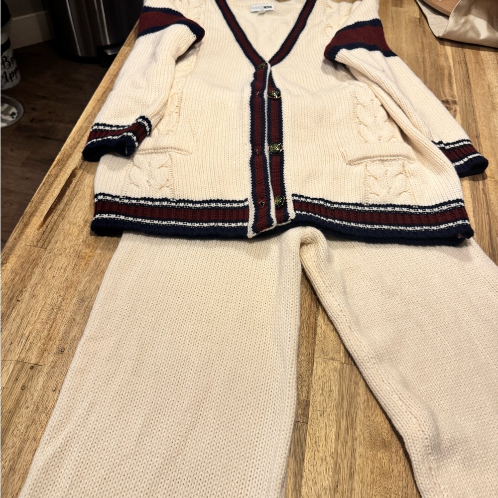 Fashion Nova Cream and Navy Sweater Set